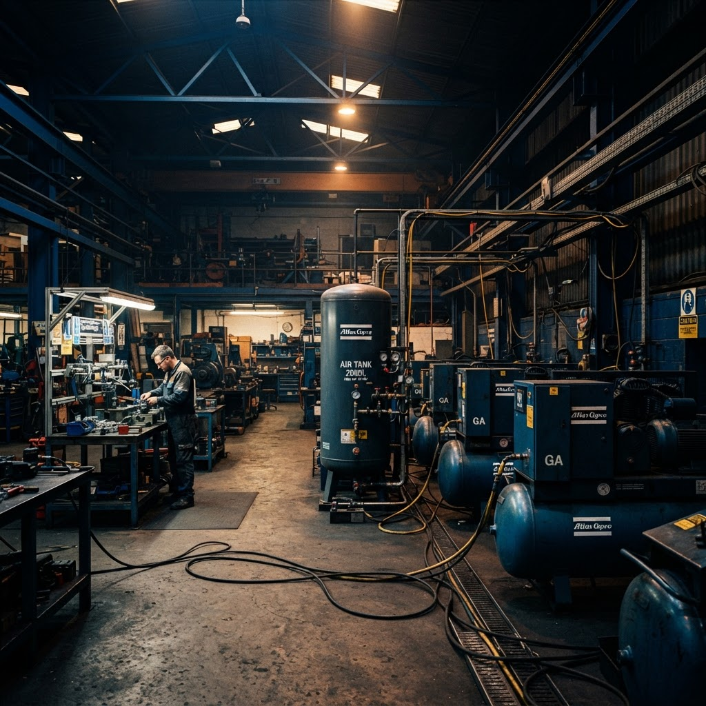 Taller industrial con compresores de aire